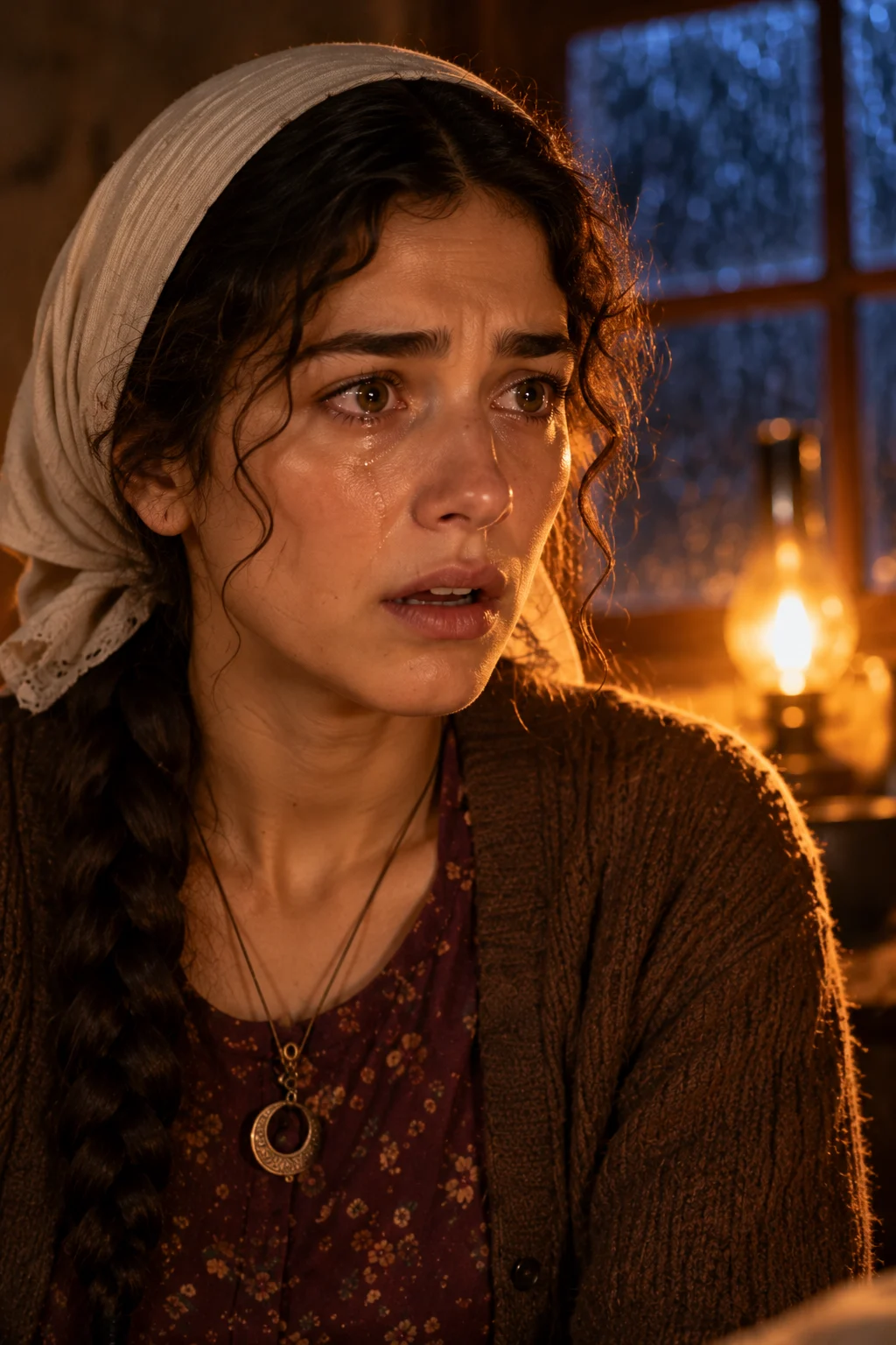 Leyla, gaz lambasının ışığında düşünceli